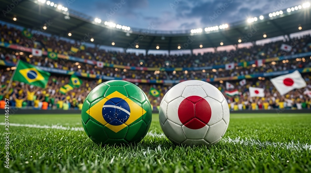 Obraz premium Brazil vs Japan Soccer Balls on Stadium Field with National Flags, International Football Match Concept