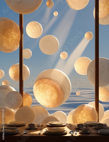 Spheres float behind plates at table; blue sky above