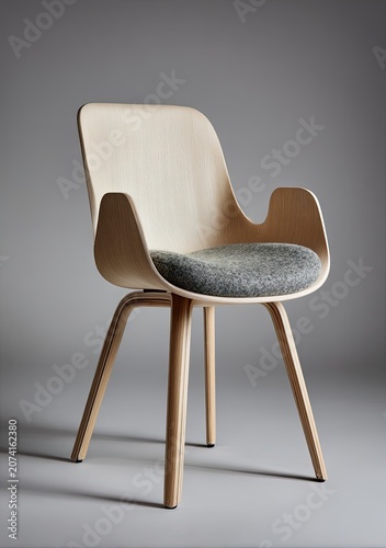 Light wooden chair w/ gray cushion, curved arms, four legs