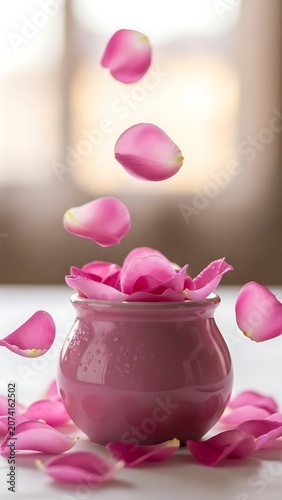 Pink Rose Petals Falling into a Ceramic Jar.