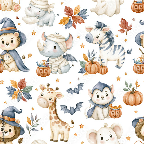 A seamless watercolor pattern featuring adorable safari animals dressed for Halloween with pumpkins, autumn leaves, candy, ghosts, witch hats, woodland accents, and cozy fall elements.