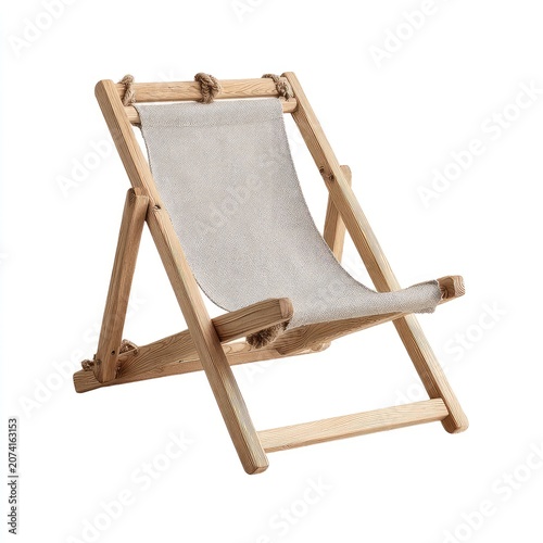 Light wood folding beach chair with canvas seat, isolated