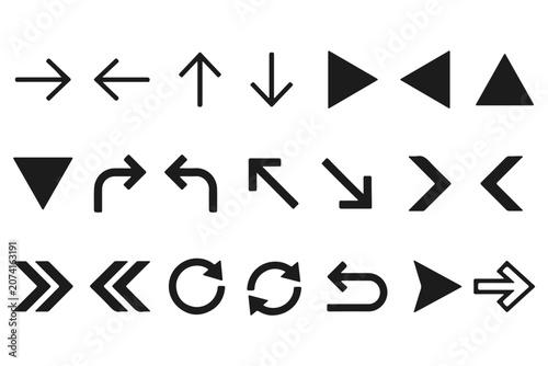 Set of black arrow symbols and direction icons isolated on a white background.