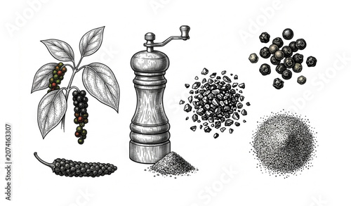 Black Pepper Botanical Engraving Vector Illustration Collection