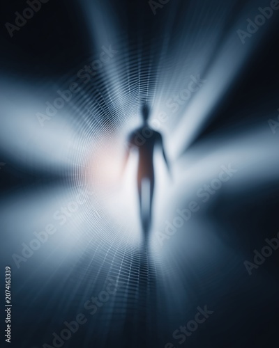 Human silhouette walking through glowing digital grid tunnel towards bright light, afterlife or technological portal concept