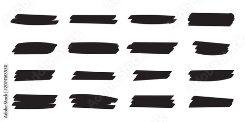 Black line marker stroke underline and highlight brush effect set, handwritten vector underline elements. Isolated on white background. Vector illustration. Eps10