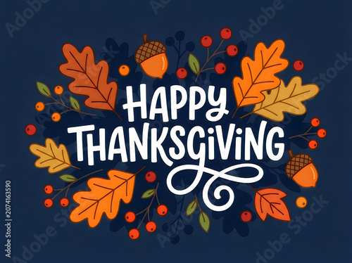 Vibrant autumnal Thanksgiving greeting design featuring hand-drawn maple leaves, acorns, and berries on deep navy backdrop with soft diffused lighting