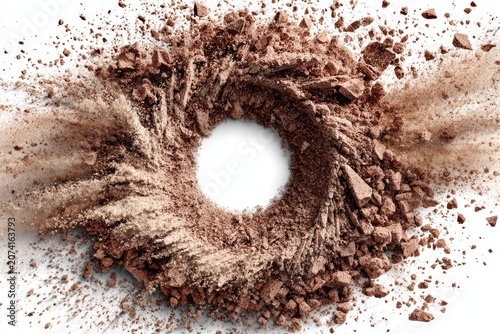 Powder burst forming a ring, white center, brown tone