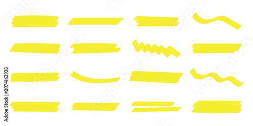 Wavy yellow highlight strokes set. Hand drawn marker lines with irregular widths and rounded ends casual doodle aesthetic lively energy for scrapbooks blogger graphics. Vector illustration.