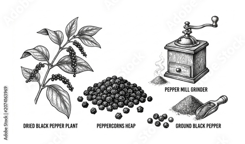 Black Pepper Vintage Hand Drawn Vector Illustration Set