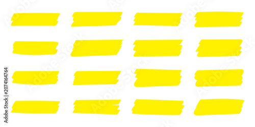 Collection of yellow highlighter marks set. This highlighter lines set isolated on white background. Marker pen highlight strokes. Vector hand drawn graphic stylish element. Eps10