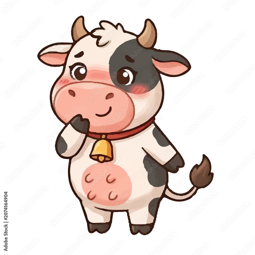 Obraz premium Funny Cute Cow Cartoon Character with Happy Smile Farm Animal Vector Illustration in Playful Comic Style