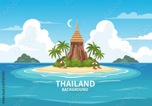 Tropical Thailand island vector illustration with golden pagoda atop a mountain, palm trees, beach chairs, umbrellas, white sand, turquoise sea, and blue sky with clouds.