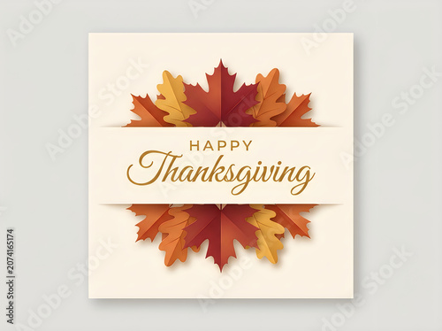 Vibrant autumnal Thanksgiving greeting card design featuring golden text and layered fall leaves on soft pastel background