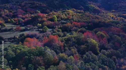 Aerial drone view of the autumn landscape of the mountains surrounding Hoz de Jaca in the Tena Valley, Alto Gallego region, Huesca, Aragon, Spain, Europe