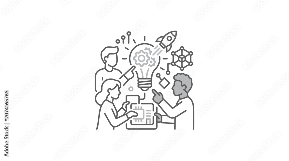 Naklejka premium Brainstorming team launching rocket with lightbulb idea.