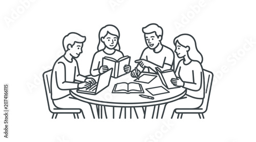 Group learning and discussing at round table.
