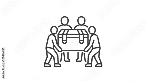 Group of people carrying heavy storage crate.