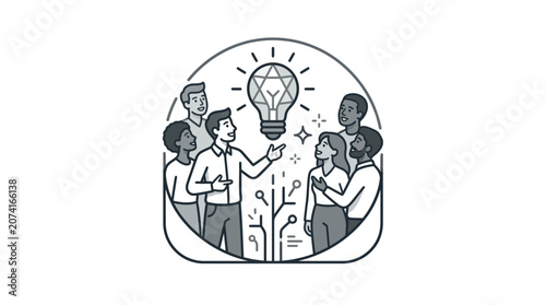 Group of diverse people sharing innovative lightbulb idea icon.