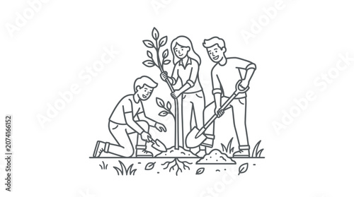 Group of people planting tree together line art.
