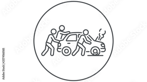 Group of people pushing broken car together.