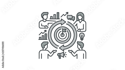 Group strategizing around a central target goal.