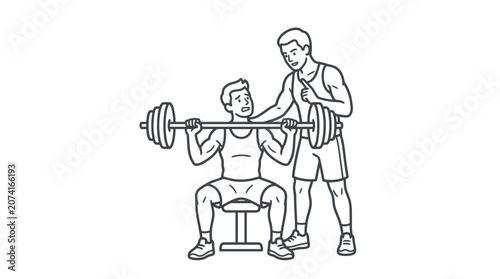 Gym spotter helping weightlifter with overhead barbell press.