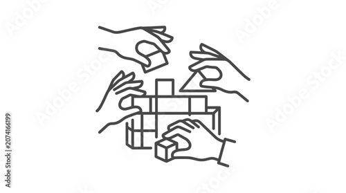 Hands assembling building blocks line art illustration