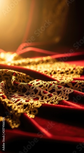 Luxurious Red Velvet Fabric with Golden Lace and Dramatic Lighting.
