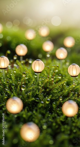 Magical Glowing Lanterns Illuminate Lush Green Moss in a Serene Garden.