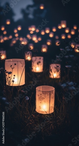 Magical Nighttime Scene of Glowing Paper Lanterns in a Dark Field.