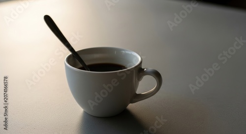 Morning Coffee in White Cup with Spoon on Table.
