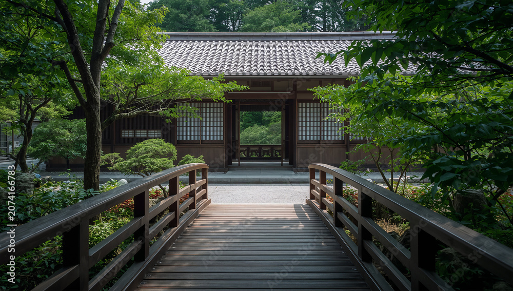Obraz premium 夏の緑に囲まれた旅館の木の橋と庭を写した風景