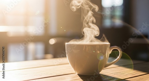 Steaming Cup of Coffee on Wooden Table in Bright Sunlight.