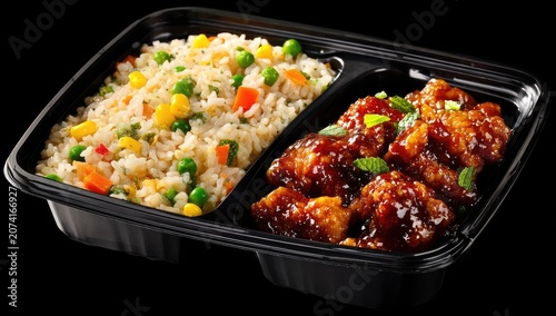 Takeout meal with fried rice and chicken