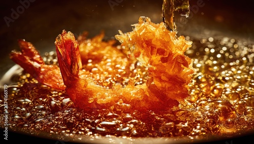 Crispy tempura shrimp being fried in hot oil