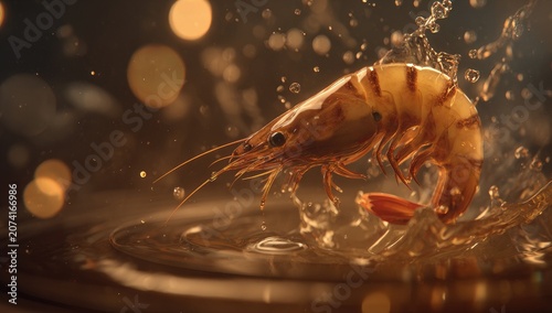 A whole shrimp leaps into a pool of oil, creating a splash