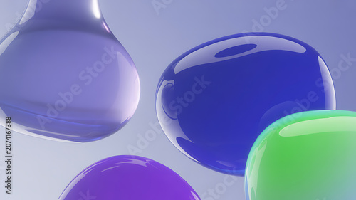 Glossy liquid droplets in shades of purple blue and green showcase a 3d rendering style droplet drops