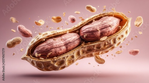 Peanut pod split open, with flying pieces