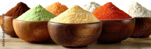 Powders in wooden bowls, rainbow of colors