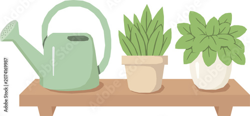 Cute Houseplants and Watering Can Illustration, Cartoon Pastel Potted Plants on Wooden Shelf, Minimalist Indoor Gardening Element Isolated for Home Decor and Hobby Design
