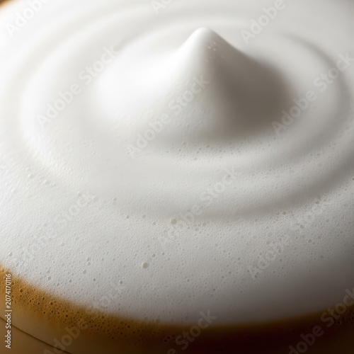 Close up, high resolution macro shot focusing on the delicate, creamy texture of freshly steamed milk foam topping a hot latte beverage, beverage, white, steam