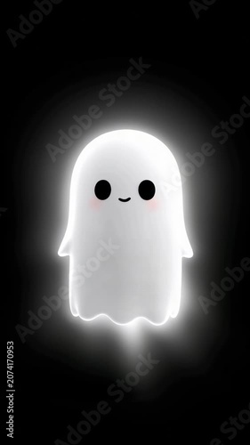 Cute glowing little ghost character floating and smiling on black background, loopable animation 
