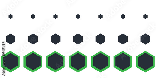 Dark hexagonal technology vector abstract background. Green bright energy flashes under hexagon in futuristic illustration modern technology background. Dark honeycomb texture grid.