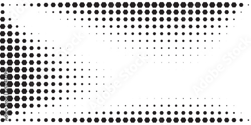 Hexagon halftone gradient texture. Abstract black grunge background. Geometric retro halftone tech wallpaper. Fading wavy hexagonal pattern backdrop. Vector vanishing honeycomb grunge bitmap overlay