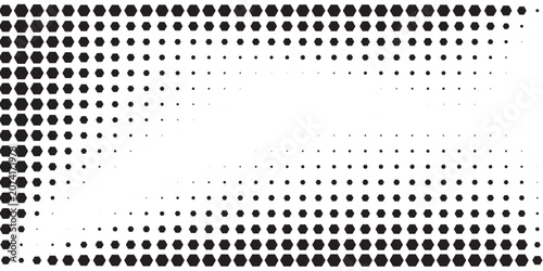 Hexagon halftone gradient texture. Abstract black grunge background. Geometric retro halftone tech wallpaper. Fading wavy hexagonal pattern backdrop. Vector vanishing honeycomb grunge bitmap overlay