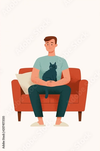 Man in casual clothes sitting on a sofa holding a black cat