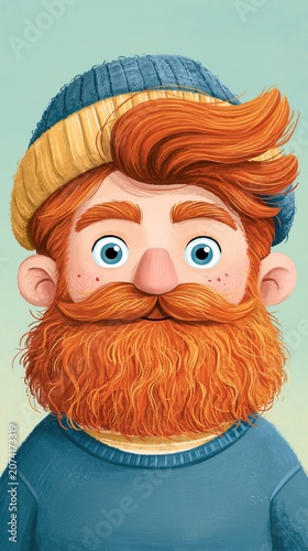 Whimsical animated character with vibrant red hair and beard