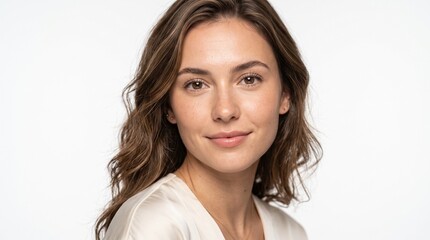 Ultra realistic portrait of a young woman with natural nude makeup, glowing skin, soft studio lighting, beauty concept, highly detailed skin texture, sharp focus, 8k quality, isolated white background