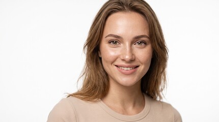 Ultra realistic portrait of a young woman with natural nude makeup, glowing skin, soft studio lighting, beauty concept, highly detailed skin texture, sharp focus, 8k quality, isolated white background